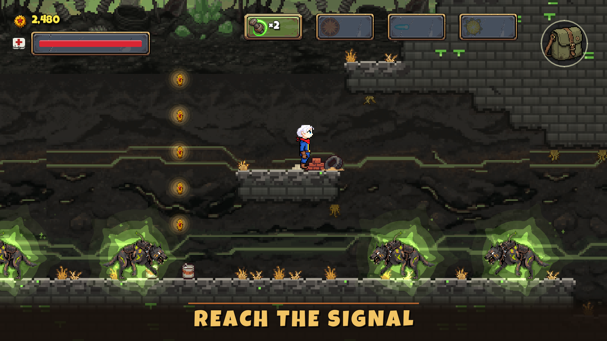 Cass crosses an underground level above glowing green mutant hounds