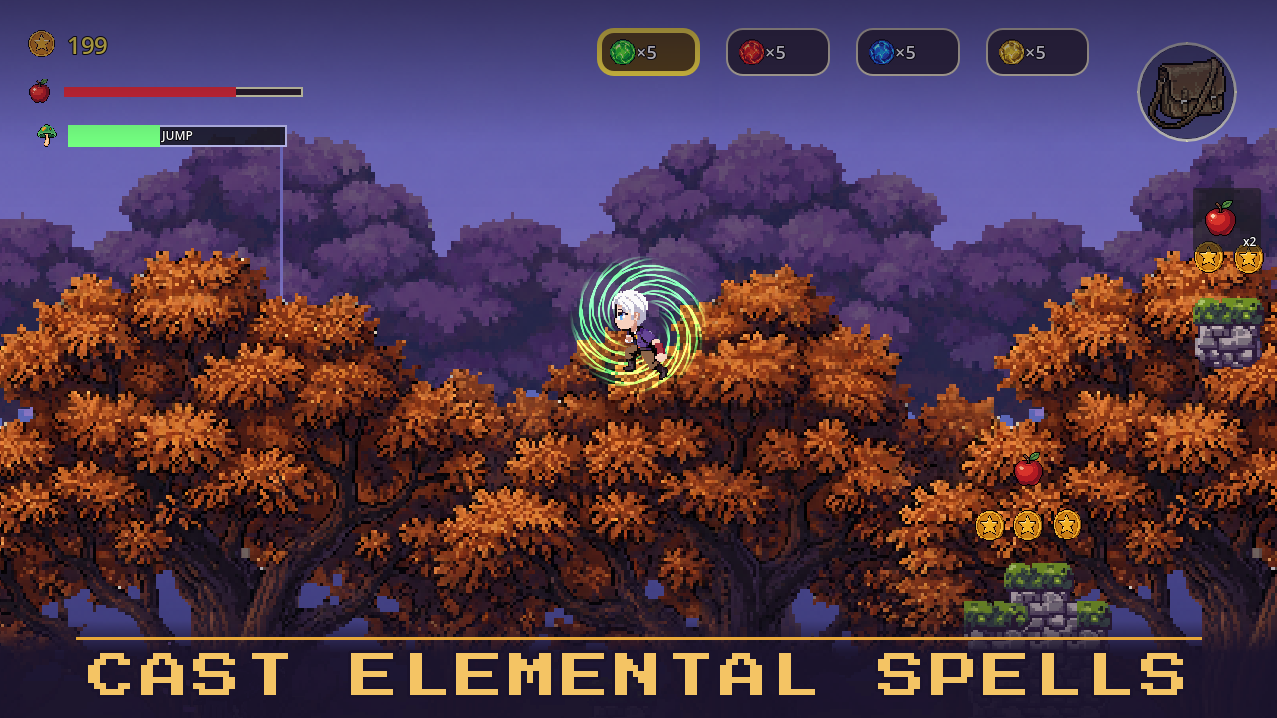 Rowan casts an elemental spell above autumn treetops
