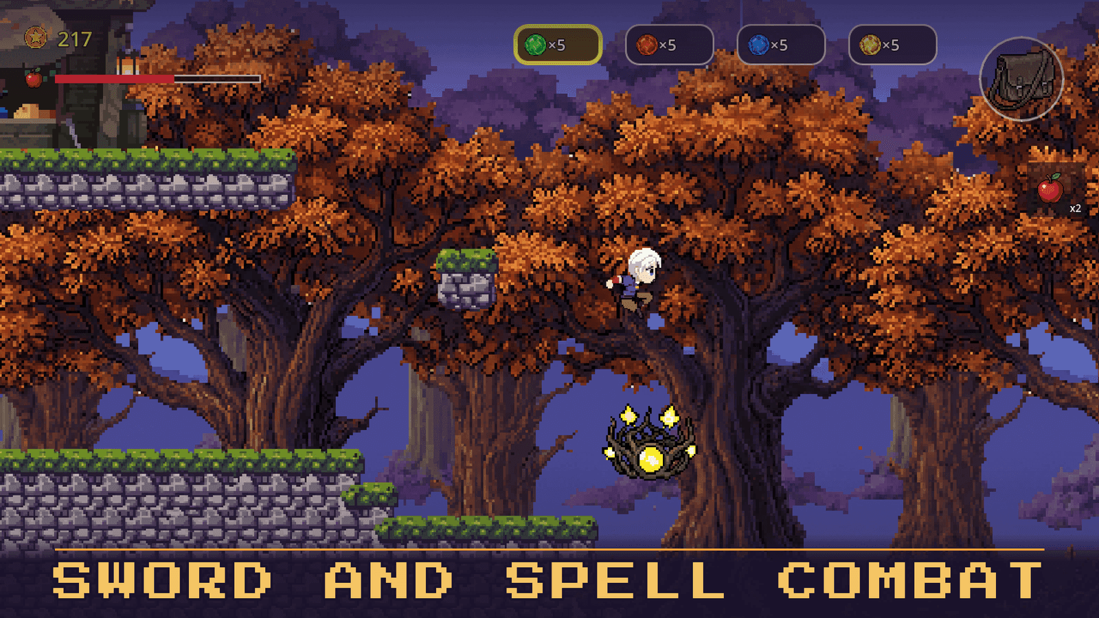 Rowan leaps between stone ledges in an autumn forest while a glowing enemy waits below