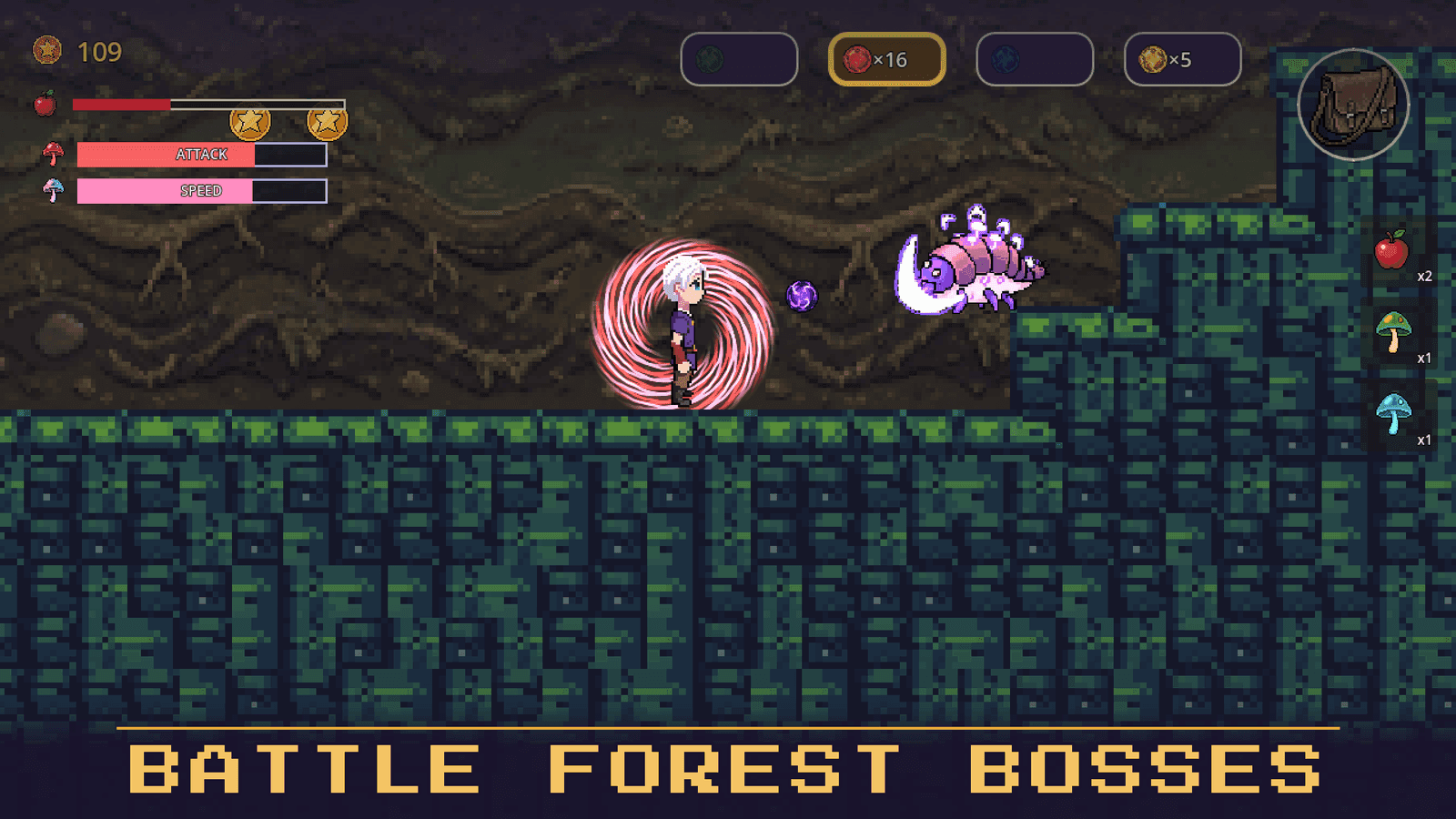 Rowan faces a boss in a mossy cave